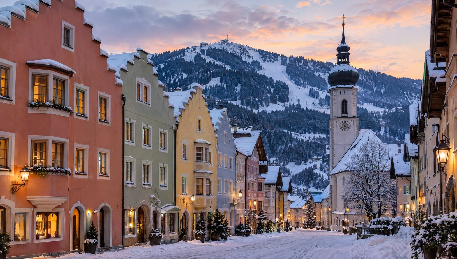 La vieille ville de Kitzbühel au crépuscule, en hiver