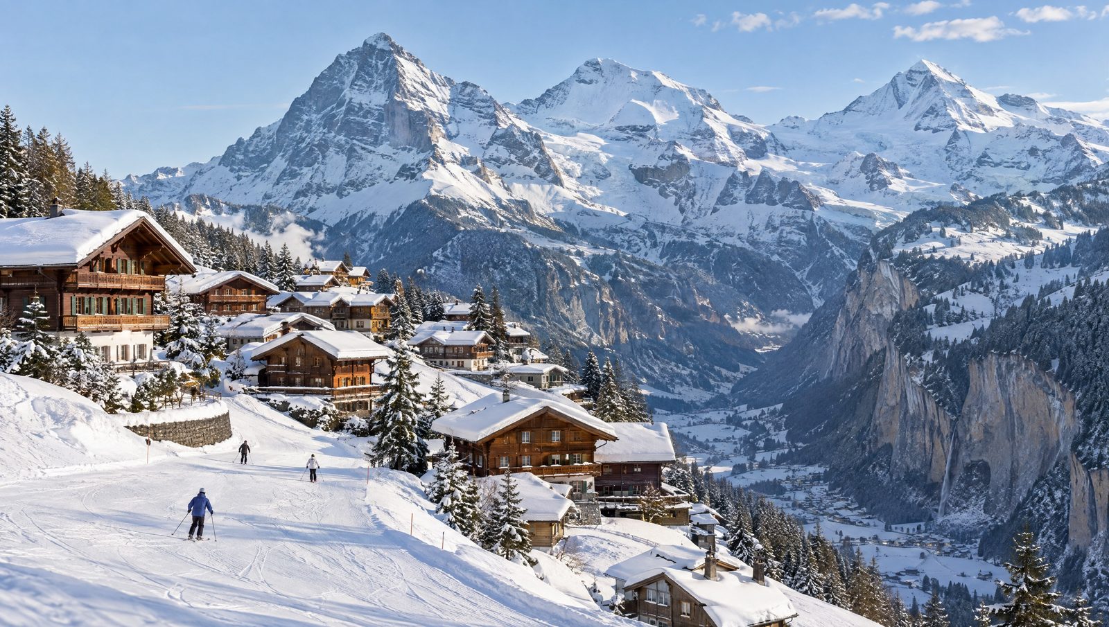 Mürren au-dessus de la vallée de Lauterbrunnen en hiver, face à l’Eiger, au Mönch et à la Jungfrau
