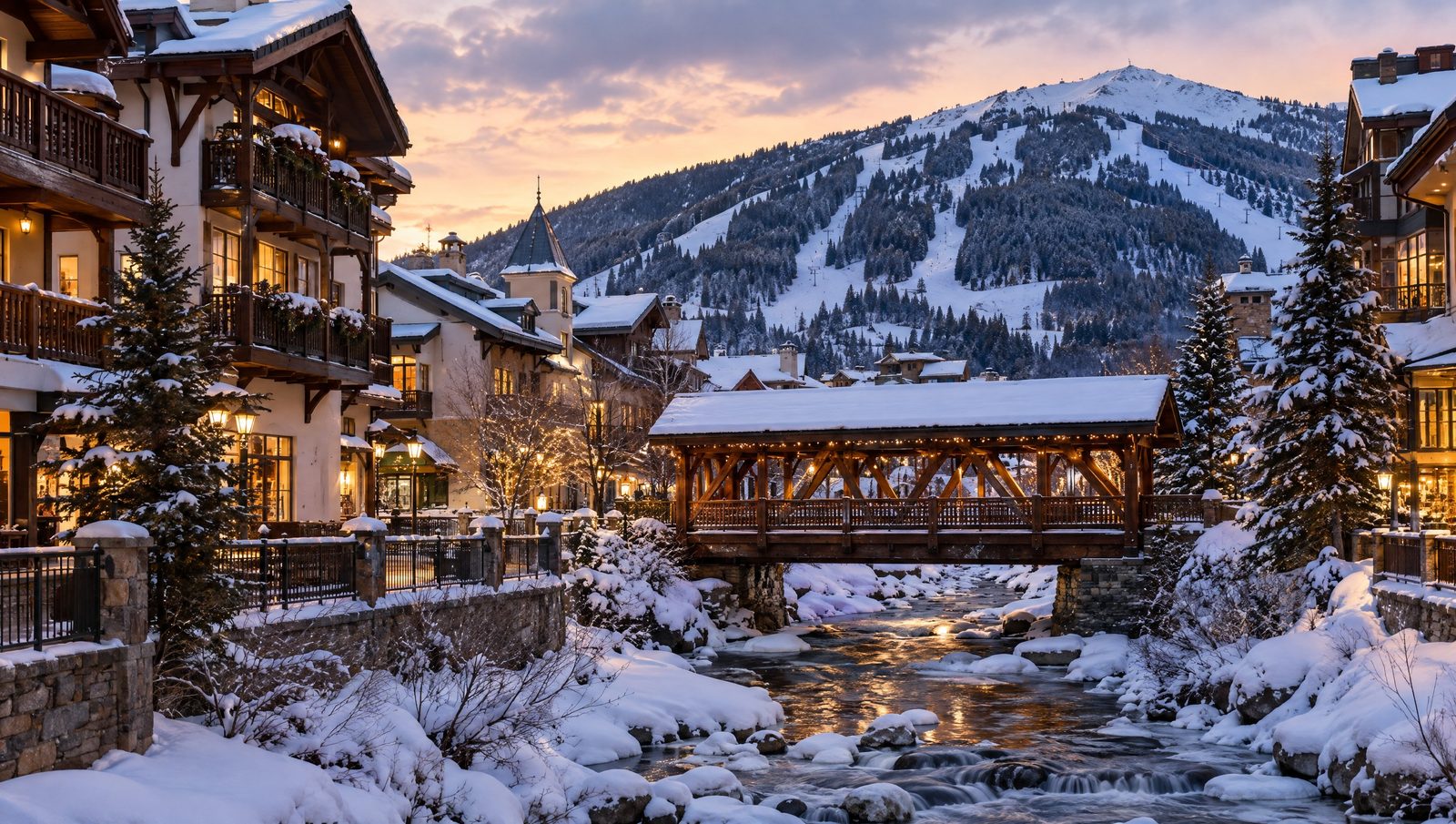 Vail Village au crépuscule, avec le pont couvert sur le Gore Creek