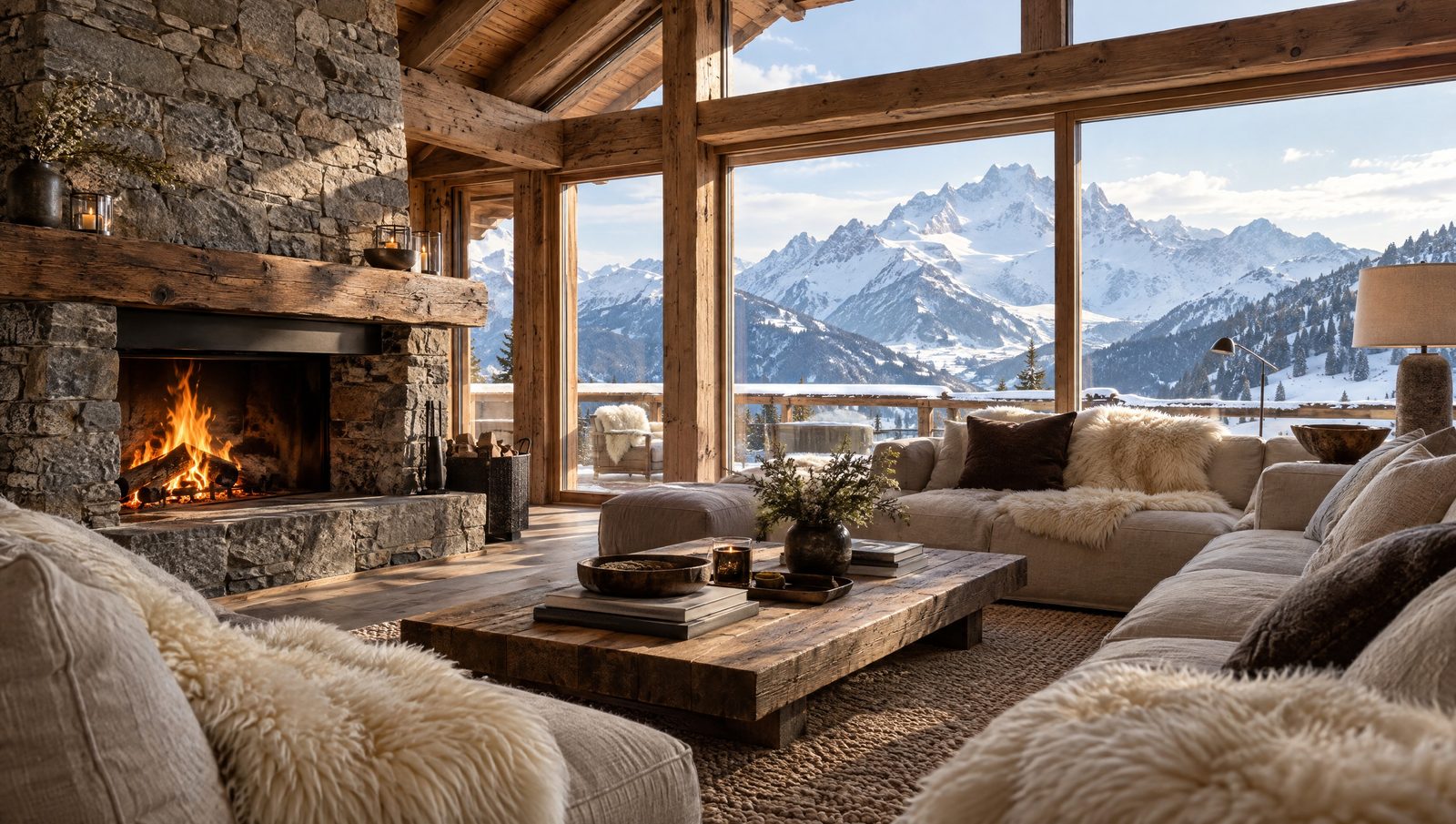 Le salon d’un chalet à Verbier, avec vue sur le Grand Combin