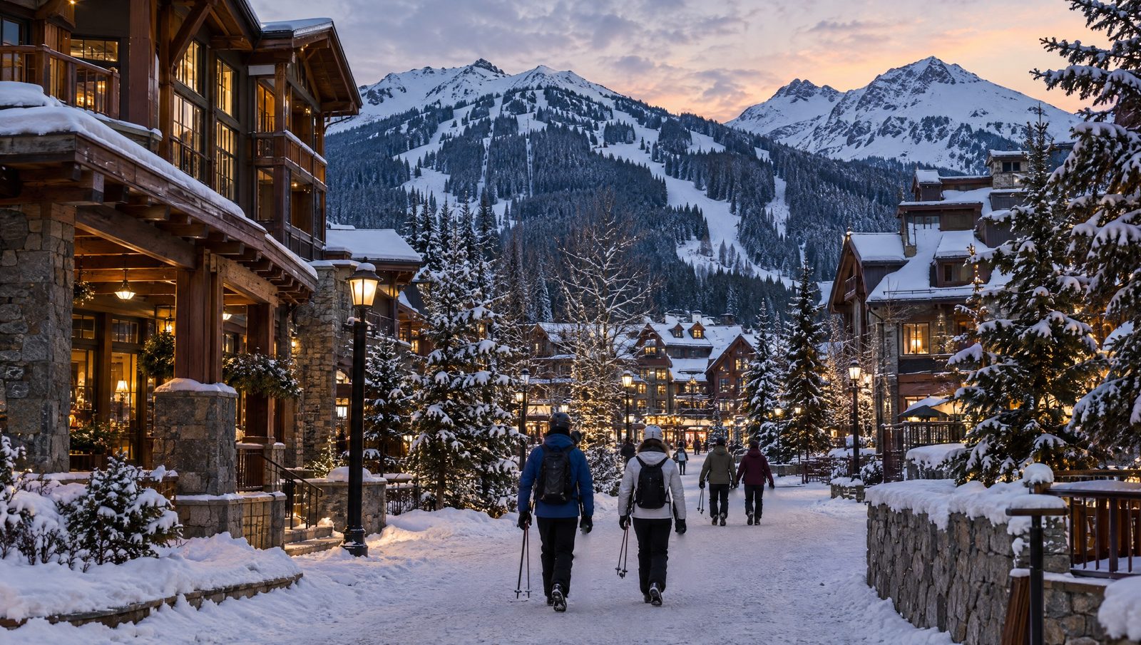 Whistler Village au crépuscule, en hiver
