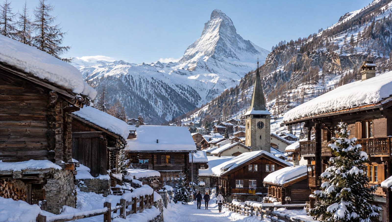 Zermatt im Winter mit dem Matterhorn über dem Dorf (KI-Illustration)