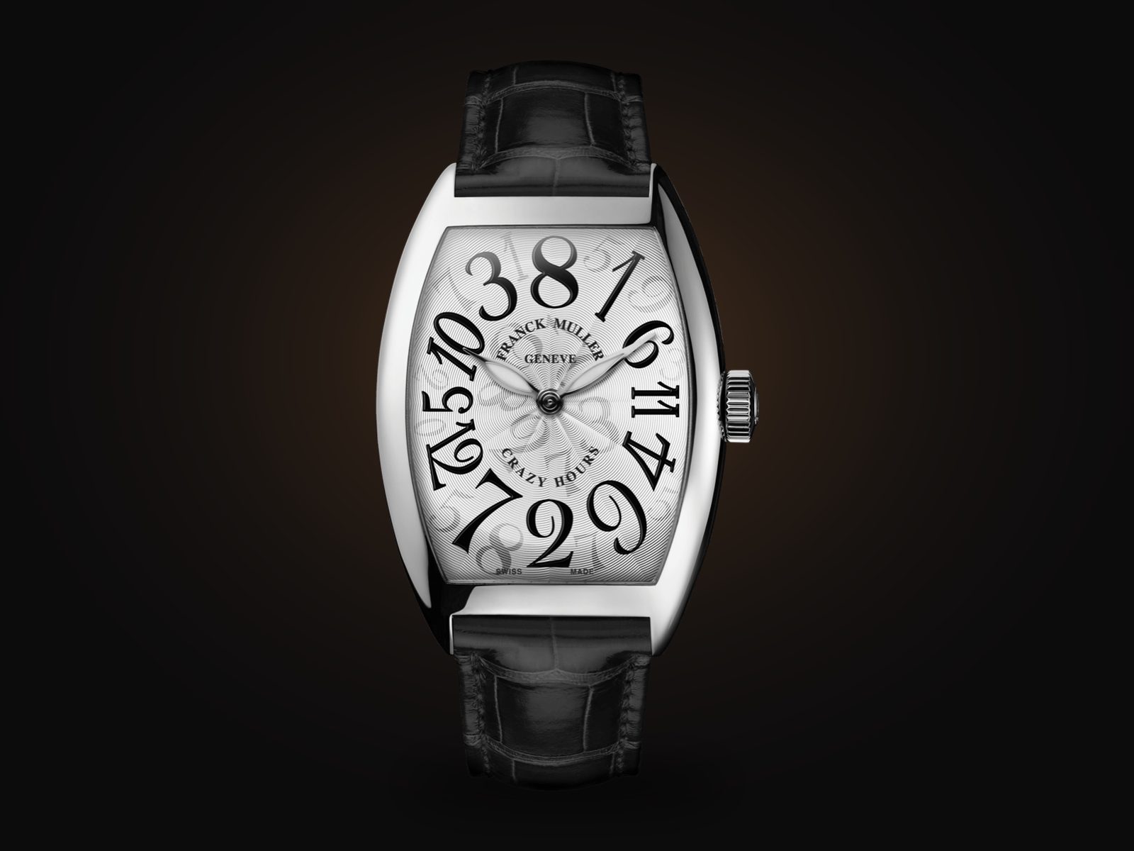 Franck Muller Crazy Hours with a white guilloché dial, black numerals in a scrambled order and a black leather strap