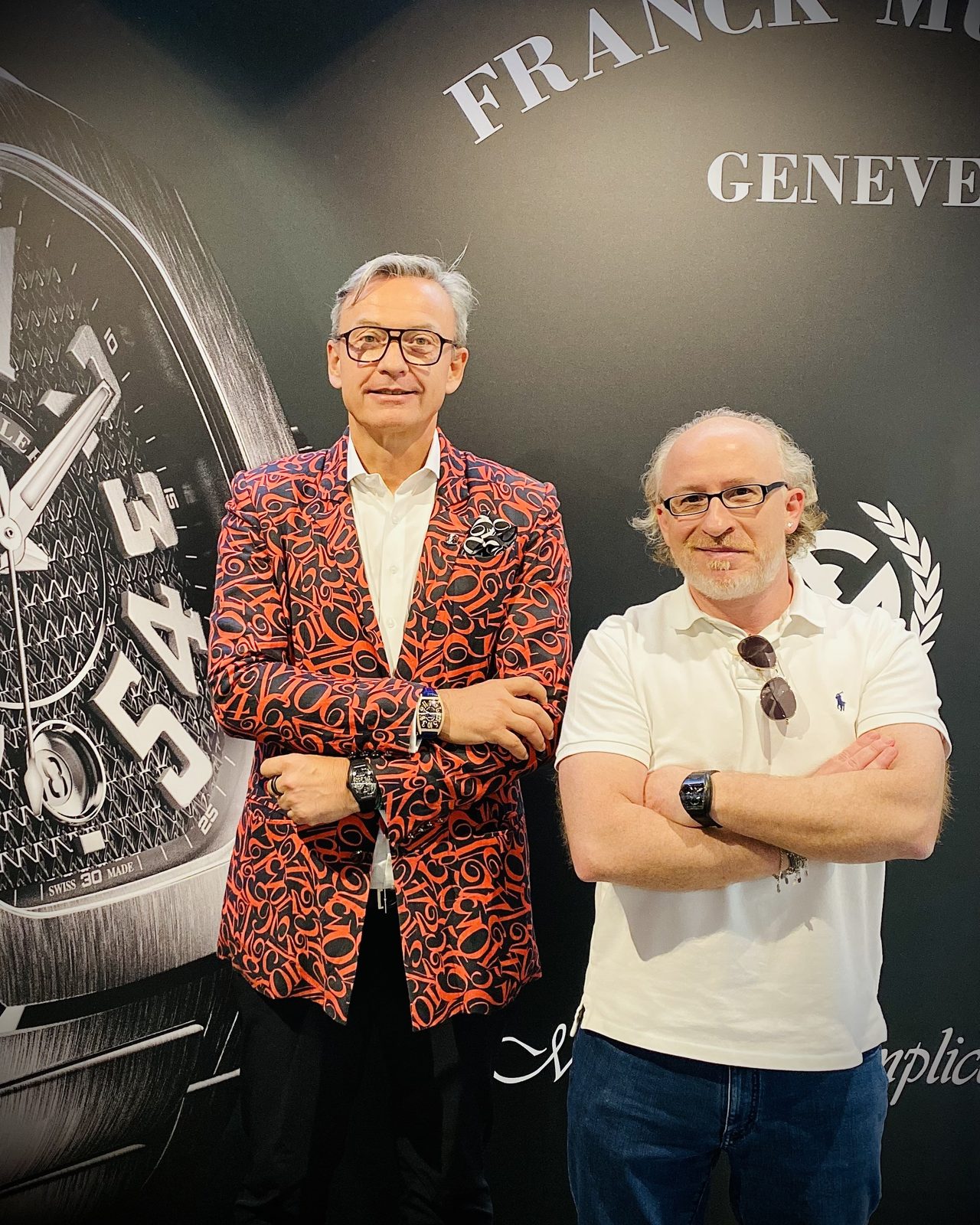 Nicholas Rudaz and Gabriele Rossicarri in front of a black Franck Muller Genève wall