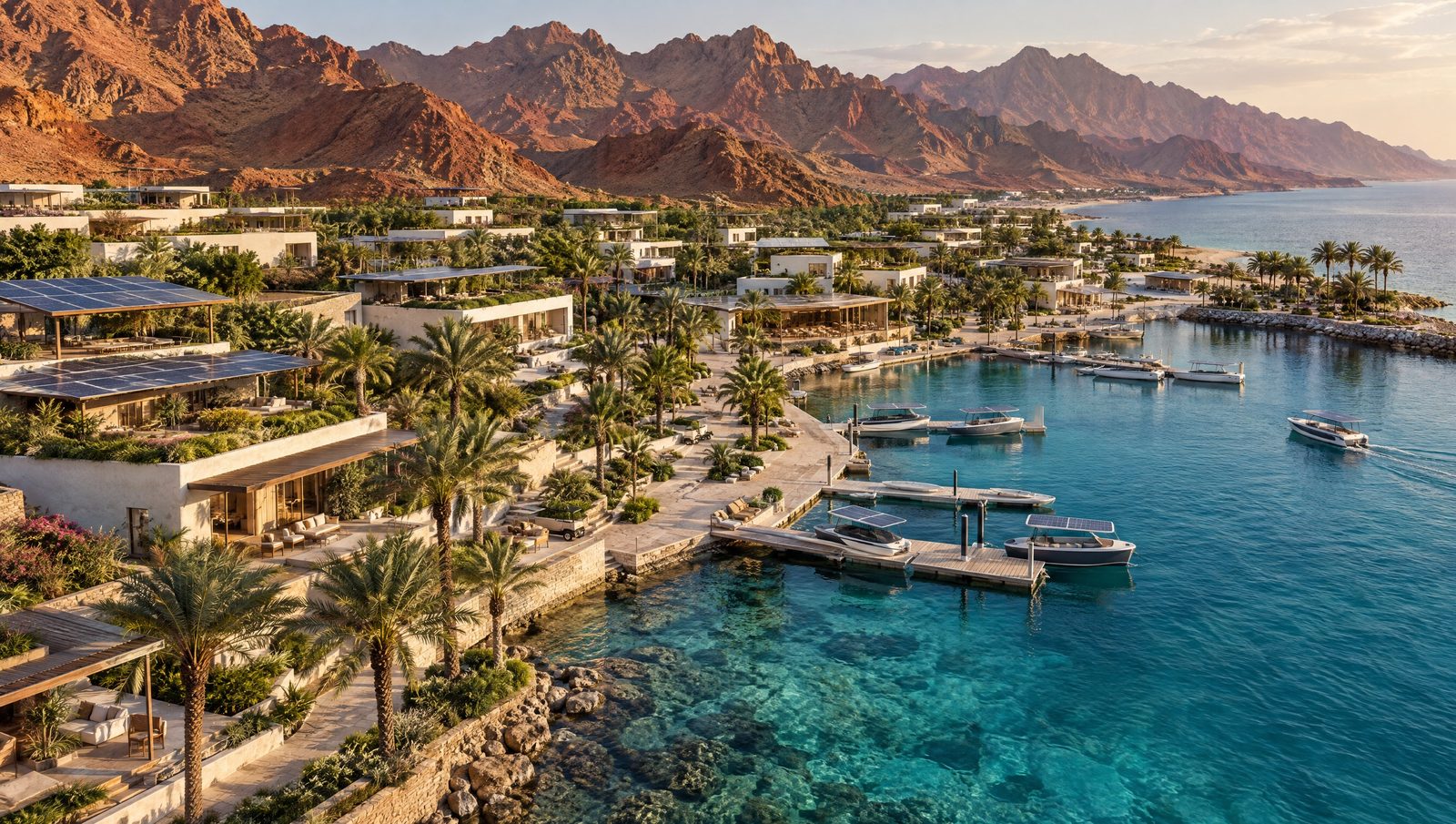 Low white buildings with solar panels on the roofs, palm gardens and a small marina on clear turquoise water, below red desert mountains