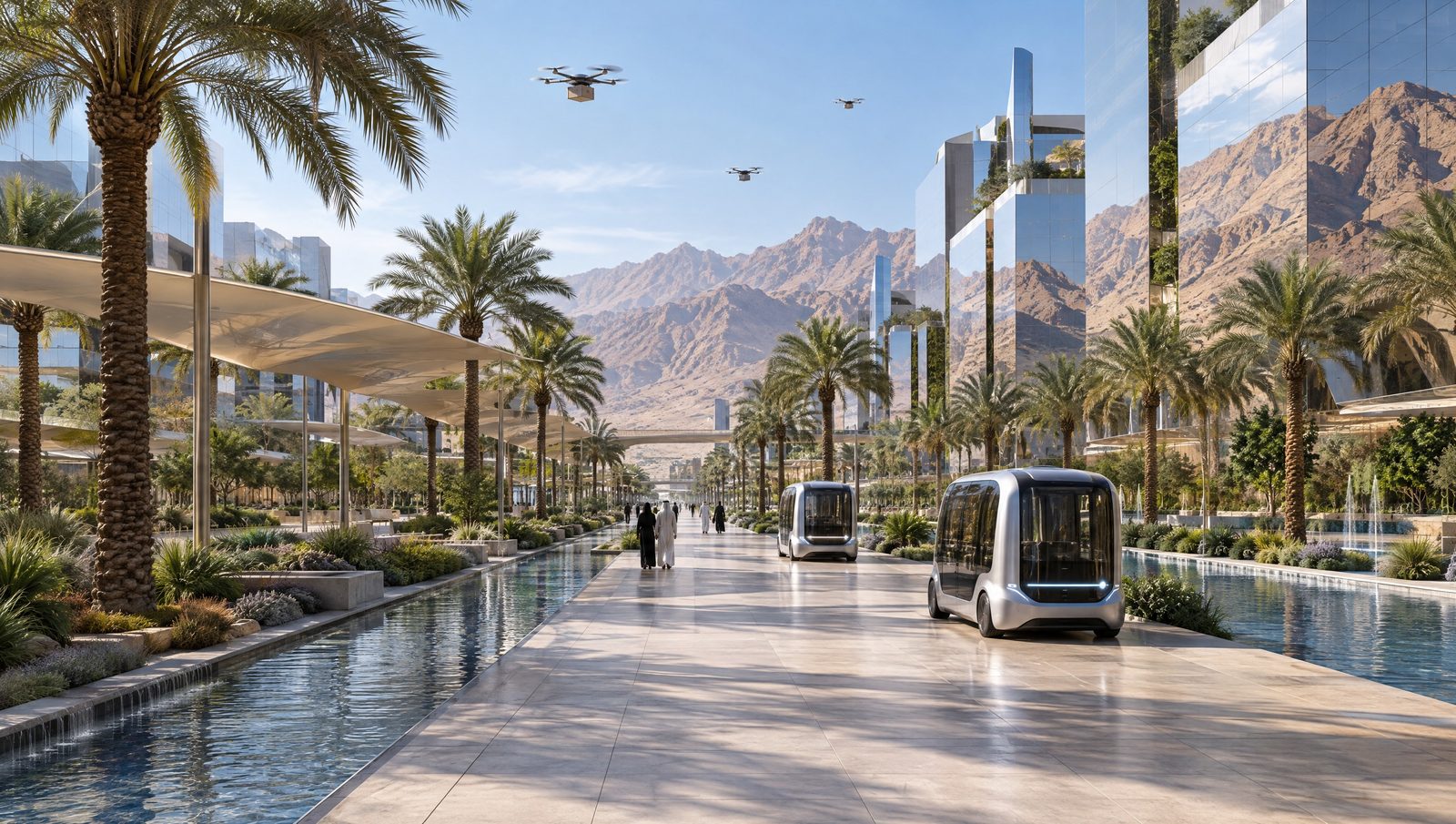 Illustration of technology-driven urban mobility with drones and autonomous cars