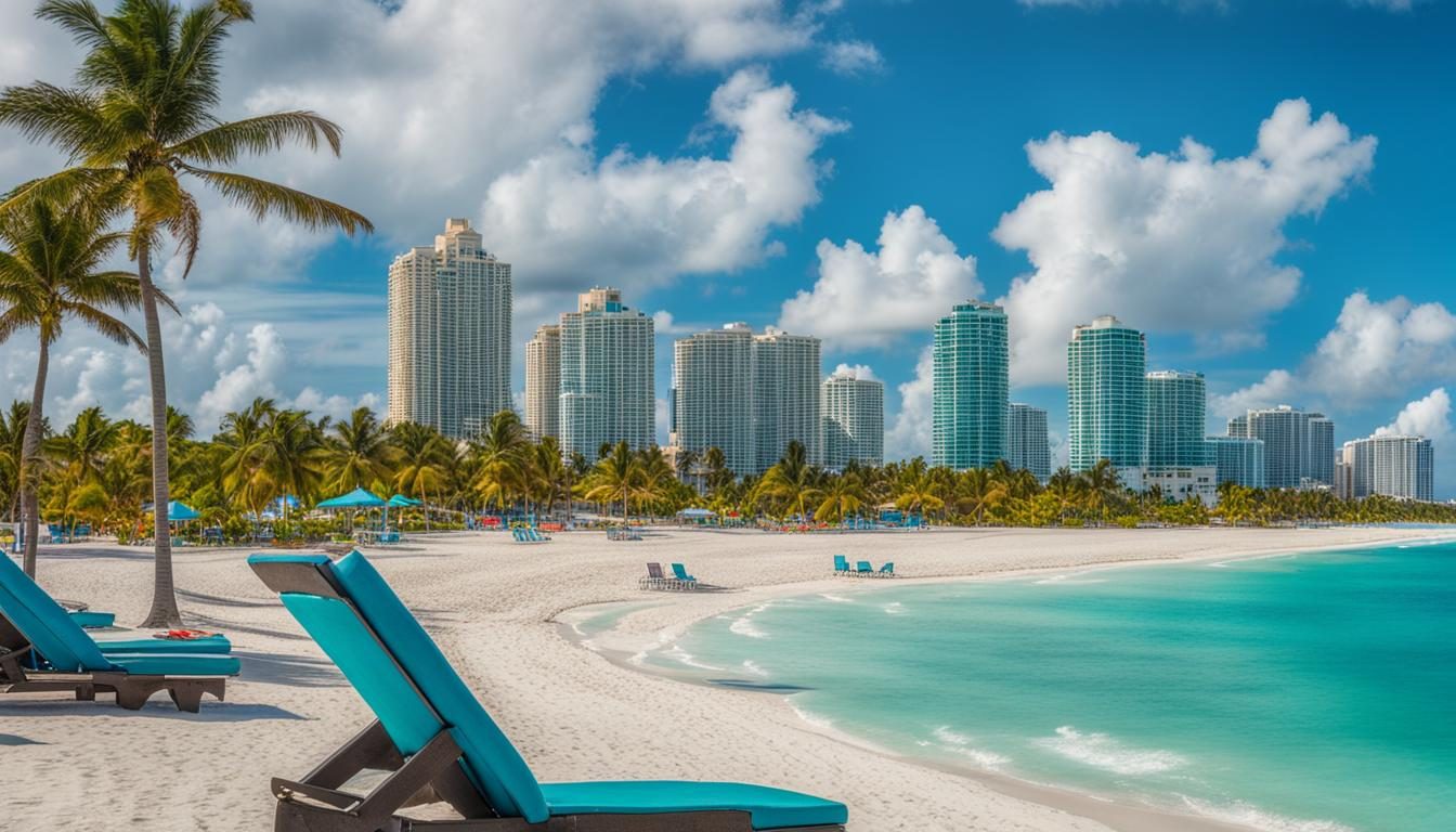 Beach, palm trees and high-rise skyline of Miami, Florida