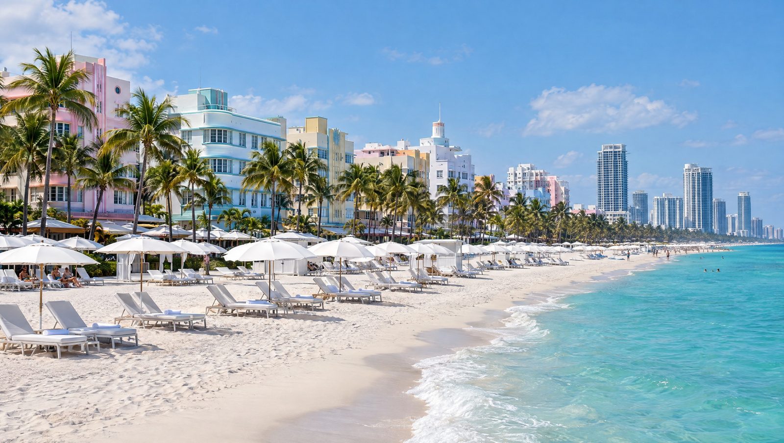 Miami Beach, avec ses hôtels Art déco derrière les palmiers (illustration IA)