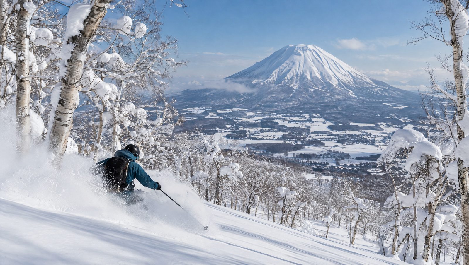 Ein Skifahrer im tiefen Pulverschnee in Niseko, mit dem Yōtei auf der anderen Seite des Tals