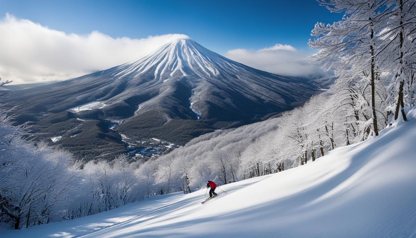 Snow-covered slopes and a skier in Niseko, Japan