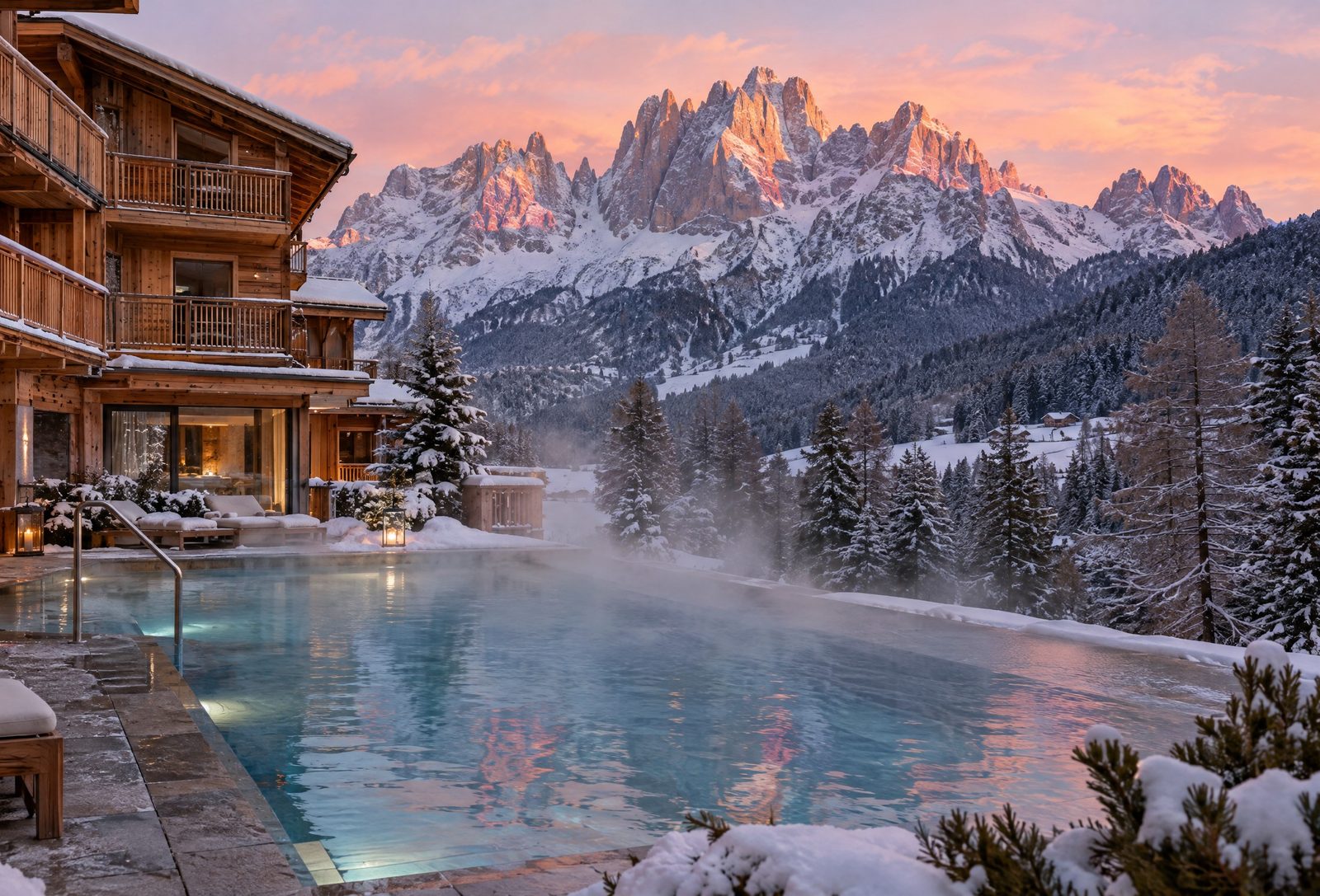 Beheiztes Aussenbecken eines Spa-Hotels in den Dolomiten des Trentino bei Sonnenuntergang