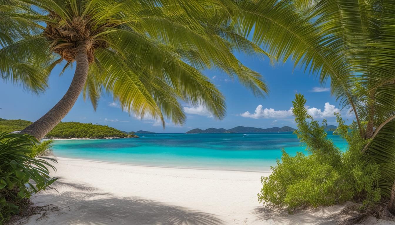 White sand beach under palm trees in the US Virgin Islands