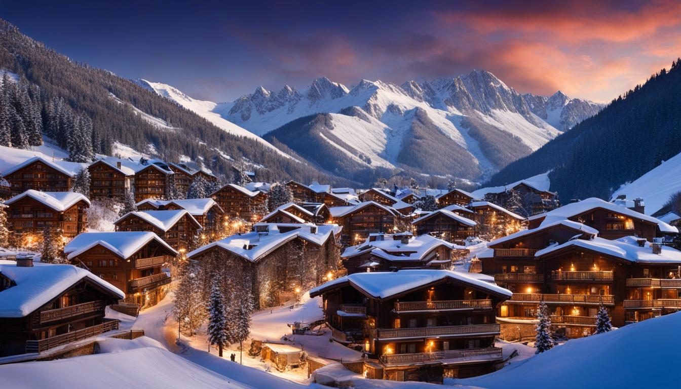 Snow-covered chalets at dusk in Val d'Isère, France