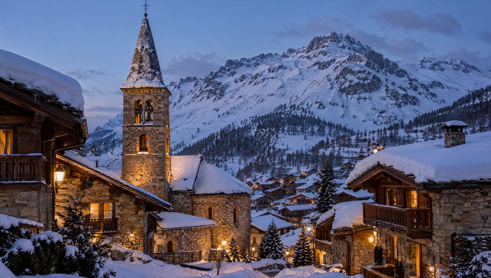 Verschneite Chalets in der Abenddämmerung in Val d'Isère, Frankreich