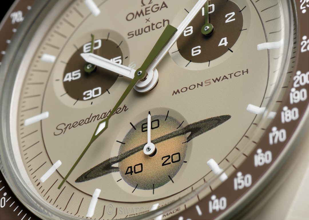 Omega x Swatch Bioceramic MoonSwatch Mission to Saturn, dial close-up