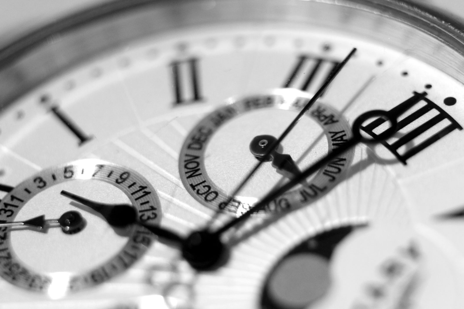 Close-up of an analogue dial with calendar subdials