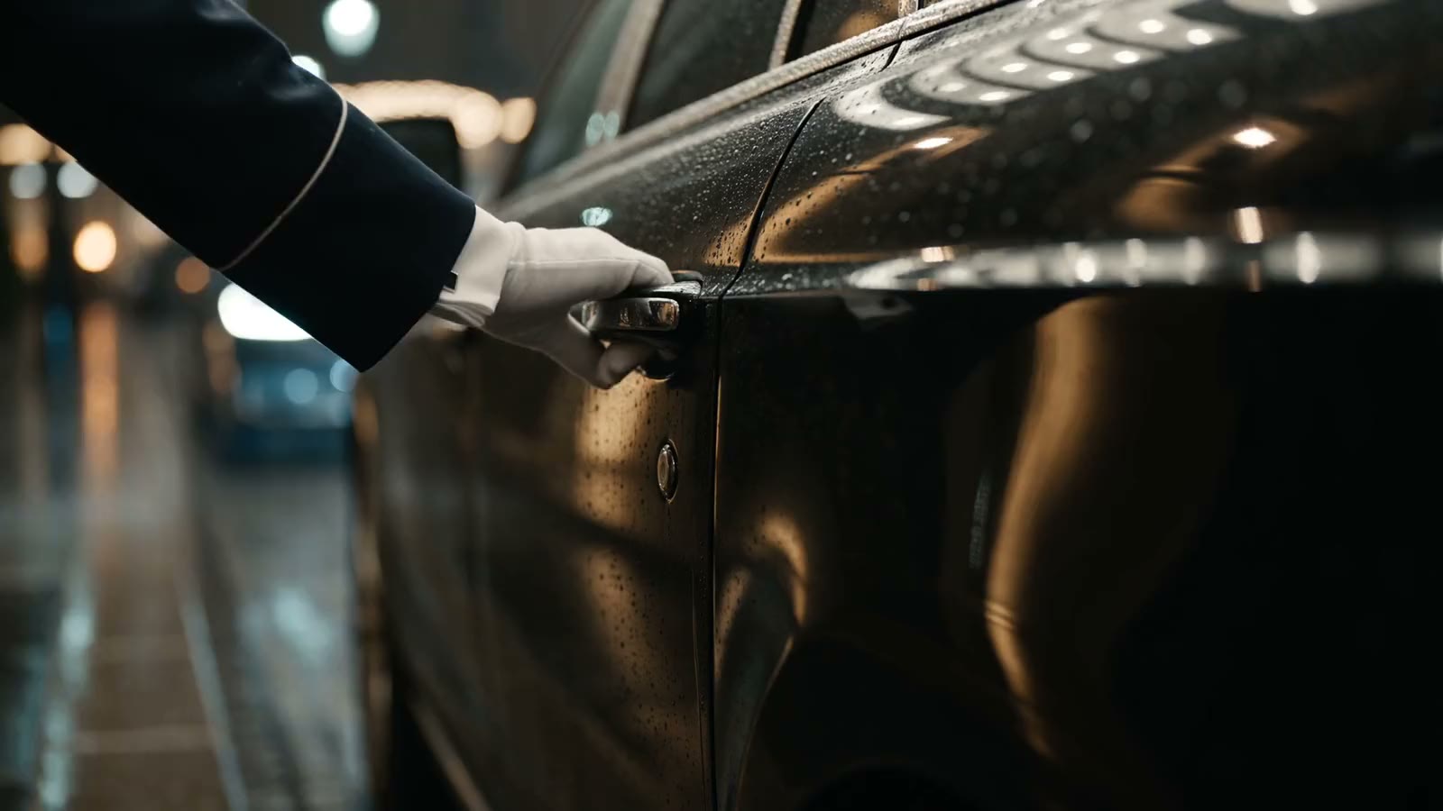 A chauffeur in white gloves opens the rear door of a black car at night