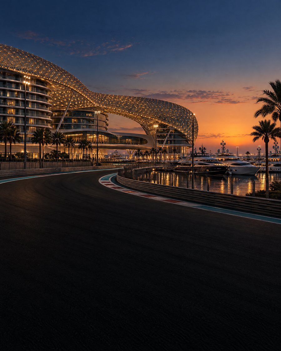A racing circuit at dusk along a marina, under a lit lattice canopy (AI illustration)