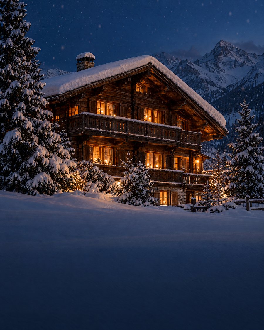 A wooden chalet in the Swiss Alps at dusk, lit from within, deep snow around it (AI illustration)