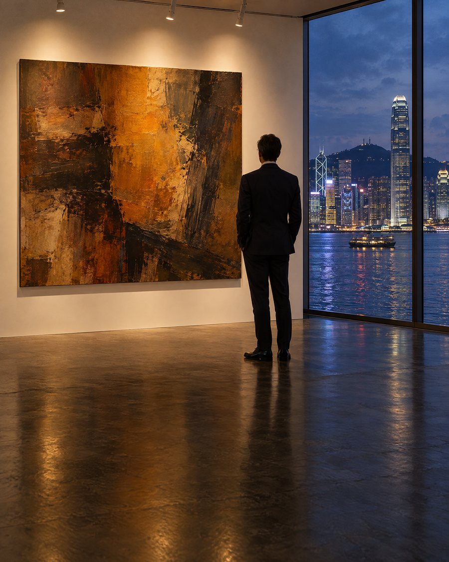 A collector in front of a large abstract painting, the Hong Kong skyline behind the window (AI illustration)