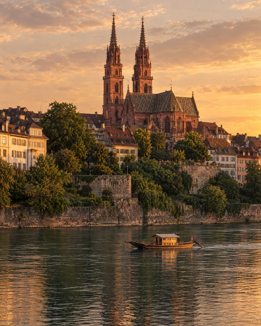 Basel Minster above the Rhine at sunset, a small ferry crossing (AI illustration)
