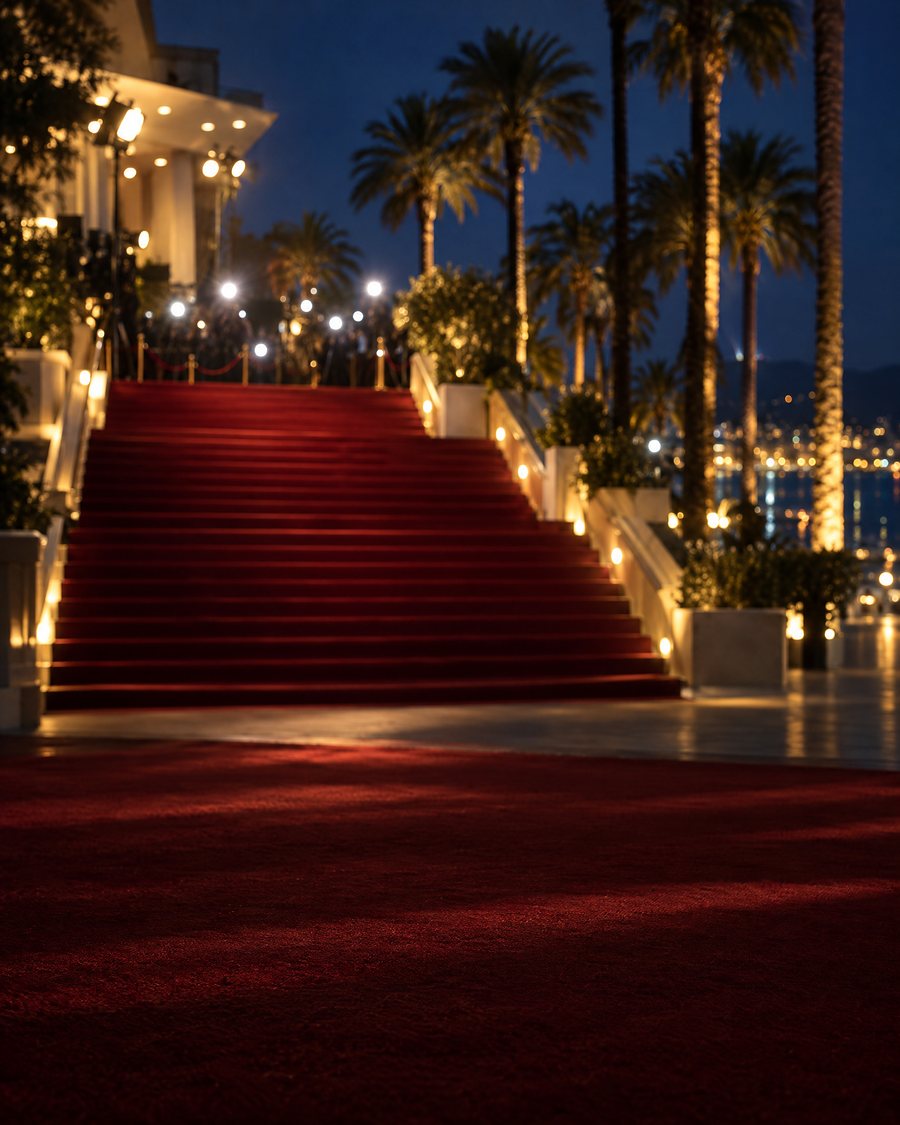 A red-carpeted staircase between palm trees at night (AI illustration)