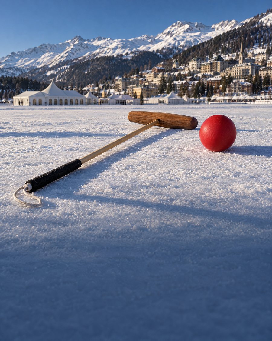 A polo mallet and ball on the snow of a frozen alpine lake (AI illustration)