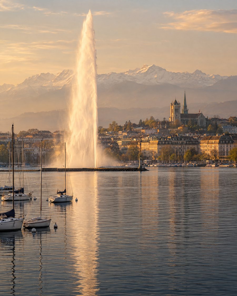The Jet d’Eau on Lake Geneva in the morning, the old town and the Alps behind (AI illustration)