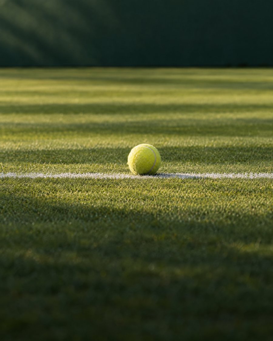 A tennis ball on a freshly mown grass court beside the baseline (AI illustration)
